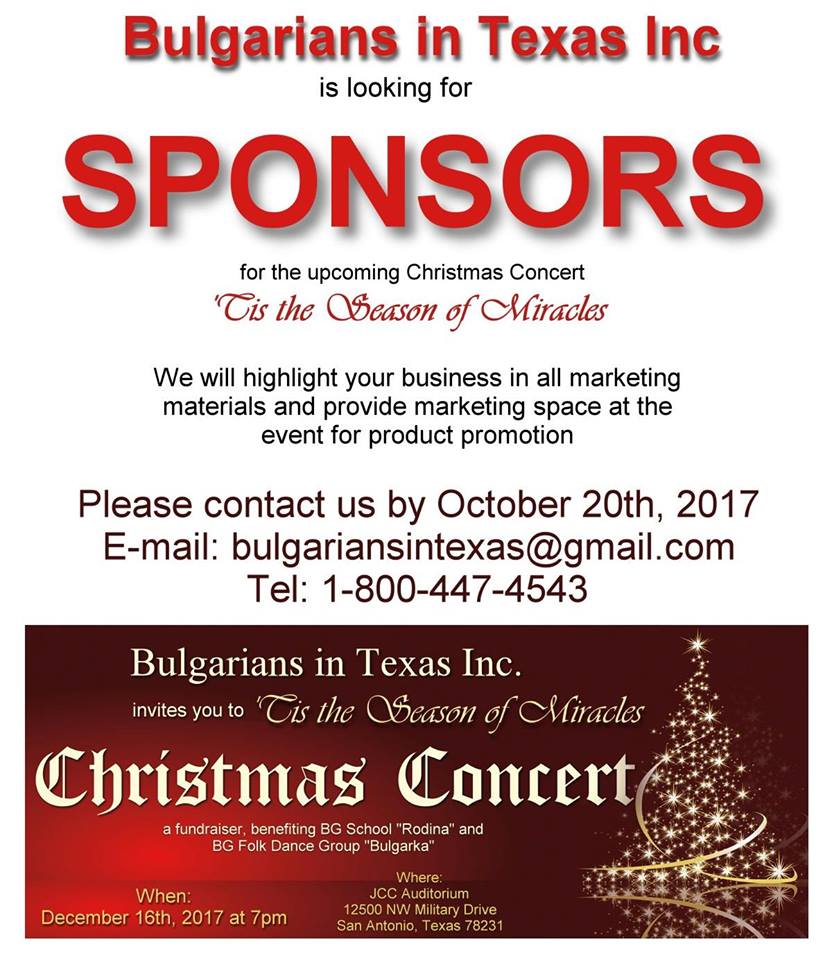 Bulgarians in Texas Inc is looking for sponsors for the upcoming Christmas Concert in San Antonio, TX.
